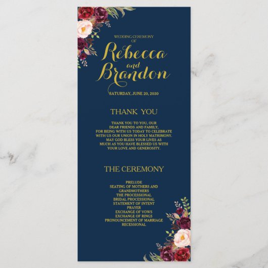 Burgundy Floral Navy Blue Gold Custom Wedding Programm (Vorderseite)