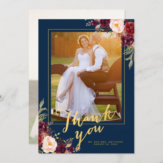 Burgundy Floral Navy Blue Gold Foto Hochzeit Dankeskarte (Vorne/Hinten)
