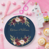 Burgundy Floral Navy Blue Gold Hochzeit Verlobung Pappteller (Party)