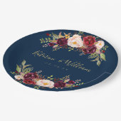 Burgundy Floral Navy Blue Gold Hochzeit Verlobung Pappteller (Schrägansicht)