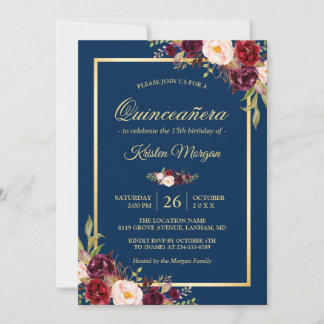 Burgundy Floral Navy Blue Quinceanera Geburtstag Einladung