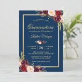 Burgundy Floral Navy Blue Quinceanera Geburtstag Einladung (Stehend Vorderseite)