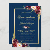 Burgundy Floral Navy Blue Quinceanera Geburtstag Einladung (Vorne/Hinten)