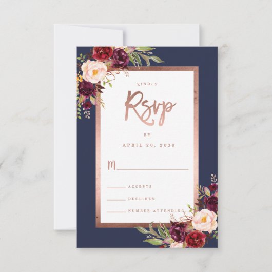 Burgundy Floral Navy Blue Rose Gold Script Wedding RSVP Karte (Vorderseite)