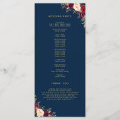 Burgundy Floral Navy Blue Script Foto Hochzeit Programm (Rückseite)