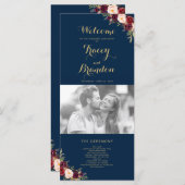 Burgundy Floral Navy Blue Script Foto Hochzeit Programm (Vorne/Hinten)