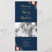 Burgundy Floral Navy Blue Script Foto Hochzeit Programm (Vorderseite)
