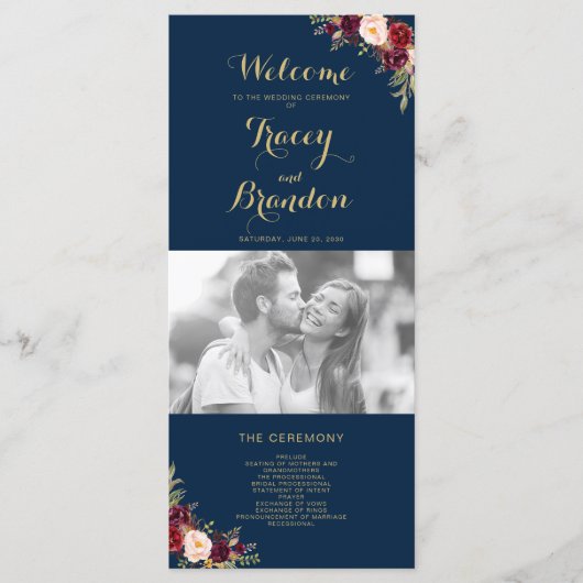 Burgundy Floral Navy Blue Script Foto Hochzeit Programm (Vorderseite)