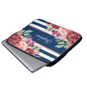 Burgundy Floral Navy Blue Stripes Personalisiert Laptopschutzhülle (Vorne Knopf)