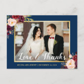 Burgundy Floral Navy Blue Wedding Foto Vielen Dank Postkarte (Vorderseite)