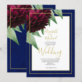 Burgundy Floral Navy Gold Elegante schicke Hochzei Einladung