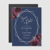 Burgundy Floral Navy Silver Wedding Save the Date Magneteinladung (Vorne/Hinten)