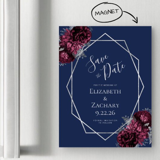 Burgundy Floral Navy Silver Wedding Save the Date Magneteinladung