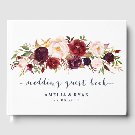Burgundy Floral Navy Wedding Gästebuch (Vorderseite)
