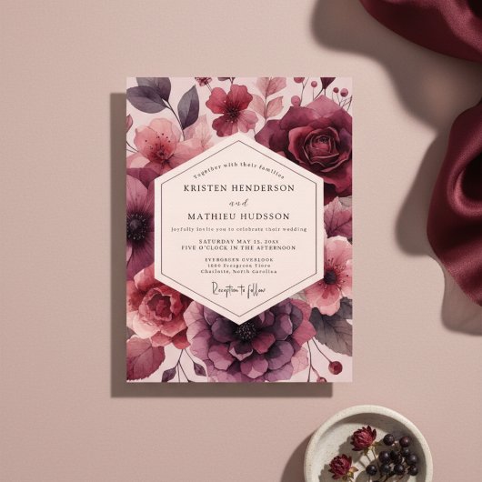 Burgundy Floral Opulent Romance Wedding Einladung
