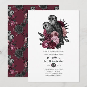Burgundy Floral Owls Gothic Bridesmaids Luncheon Einladung