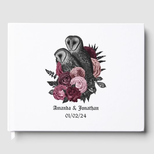 Burgundy Floral Owls Gothic Wedding Gästebuch (Vorderseite)