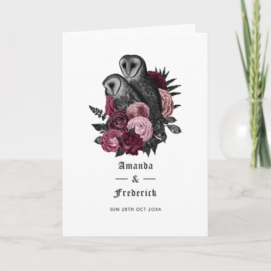 Burgundy Floral Owls Gothic Wedding Programm (Vorderseite)