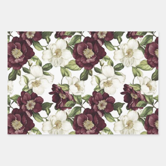 Burgundy Floral Pattern Geschenkpapier Set (Vorderseite)