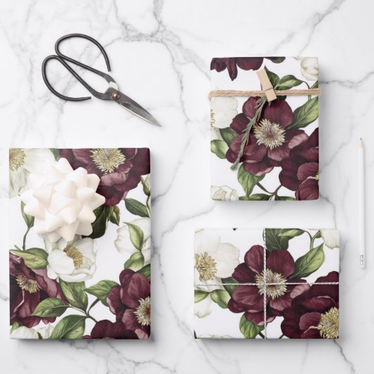 Burgundy Floral Pattern Geschenkpapier Set (Vorderseite)