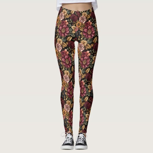 Burgundy Floral Pattern Leggings (Vorderseite)
