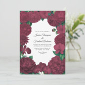 Burgundy Floral Photo and QR Code Wedding Einladung (Stehend Vorderseite)
