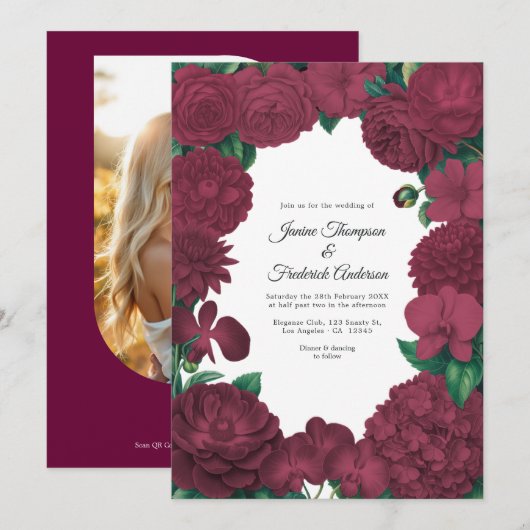 Burgundy Floral Photo and QR Code Wedding Einladung (Vorne/Hinten)