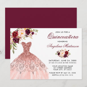 Burgundy Floral Pink Glitzer Kleid Quinceanera Einladung