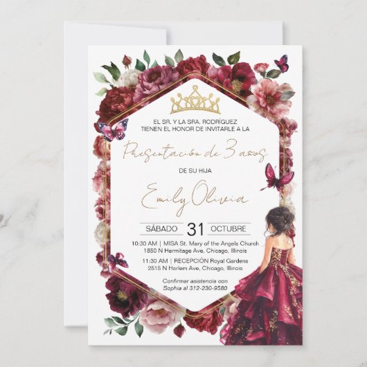 Burgundy Floral Presentación de 3 años Einladung (Vorderseite)