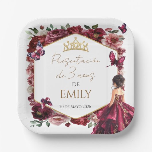 Burgundy Floral Presentación de 3 años Pappteller (Vorderseite)