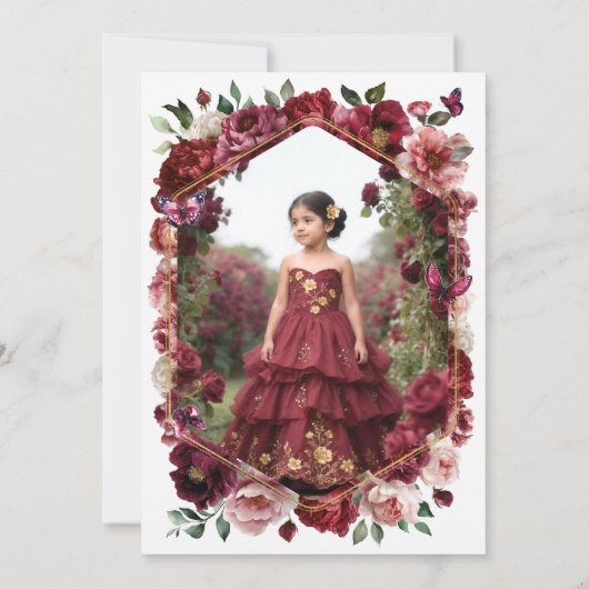 Burgundy Floral Presentación de 3 años Photo Einladung (Rückseite)