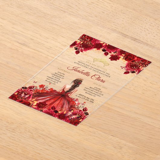 Burgundy Floral Princess Gold Quinceanera Acryleinladungen (Ablage )