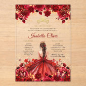 Burgundy Floral Princess Gold Quinceanera Acryleinladungen (Vorderseite)