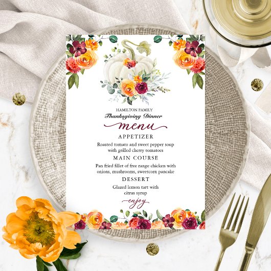 Burgundy Floral Pumpkin Erntedank Dinner Menu Dankeskarte