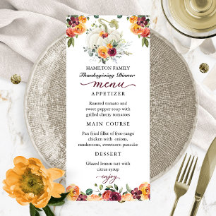 Burgundy Floral Pumpkin Erntedank Dinner Menu Menükarte