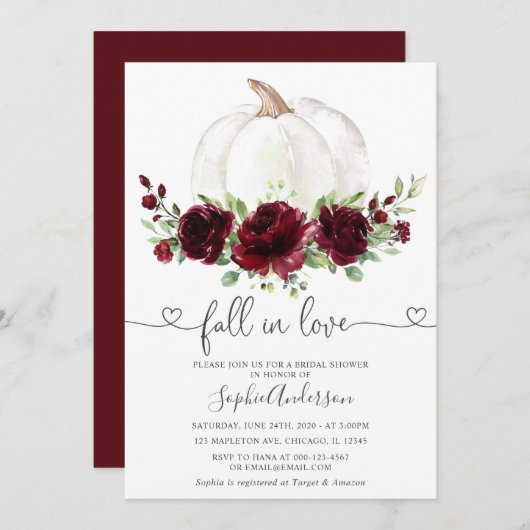 Burgundy Floral Pumpkin Fall in Liebe Brautparty Einladung (Vorne/Hinten)