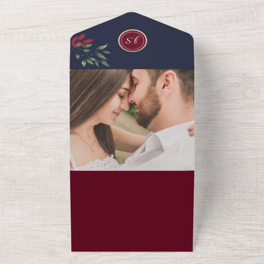 Burgundy Floral QR Code Wedding All In One Einladung (Außenbereich)