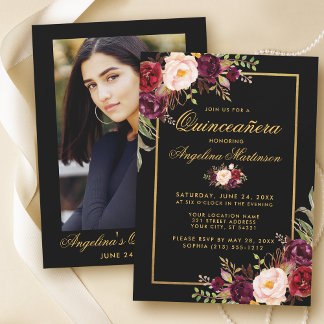Burgundy Floral Quinceanera Black Gold Foto Zurück Einladung