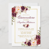 Burgundy Floral Quinceanera Gold Foto Zurück Einladung (Vorderseite)