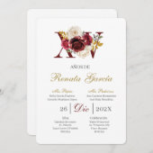 Burgundy floral quinceañera invitation einladung (Vorne/Hinten)