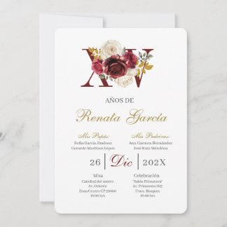 Burgundy floral quinceañera invitation einladung
