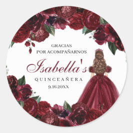 Burgundy Floral Quinceanera Round Stickers