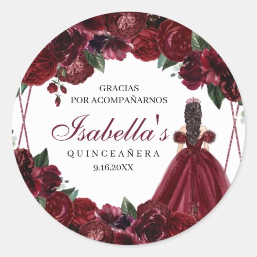Burgundy Floral Quinceanera Round Stickers (Vorderseite)