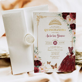 Burgundy Floral Quinceñera Prinzessin Mis Quince Einladung