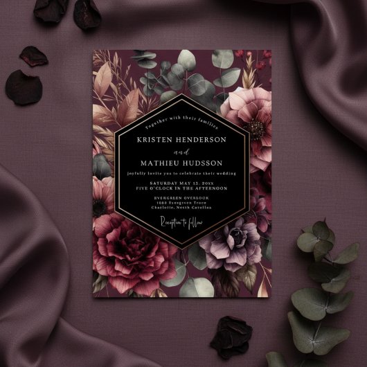 Burgundy Floral Romance Wedding Einladung