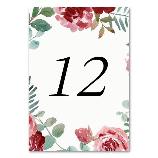 Burgundy Floral Rose Foliage Tischnummer Cards (Rückseite)