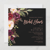 Burgundy Floral Rose Gold Black Brautparty Einladung (Vorderseite)