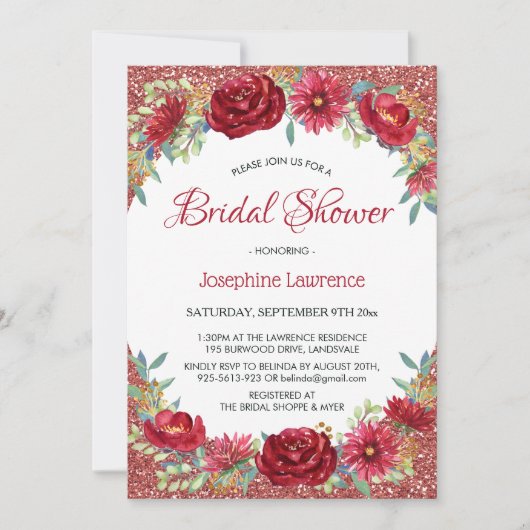 Burgundy Floral Rose Gold Glitzer Brautparty Einladung (Vorderseite)