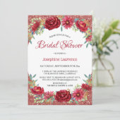 Burgundy Floral Rose Gold Glitzer Brautparty Einladung (Stehend Vorderseite)