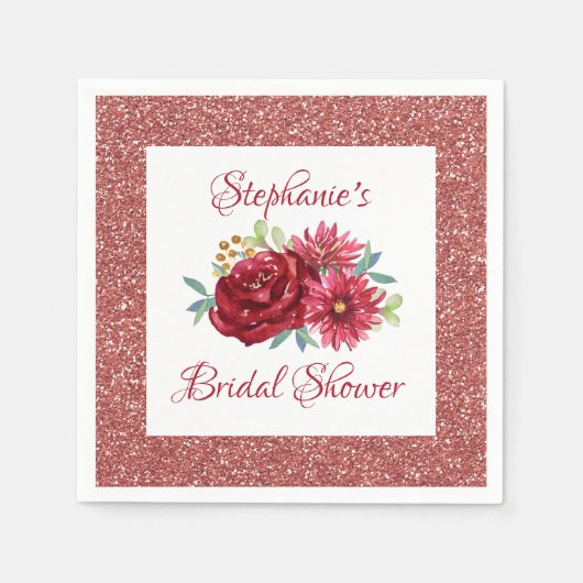 Burgundy Floral Rose Gold Glitzer Brautparty Serviette (Vorderseite)